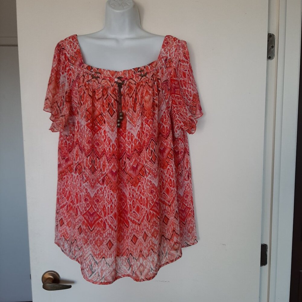 Zac & Rachel Pink Geometric Square Neck Tassel Top 3X